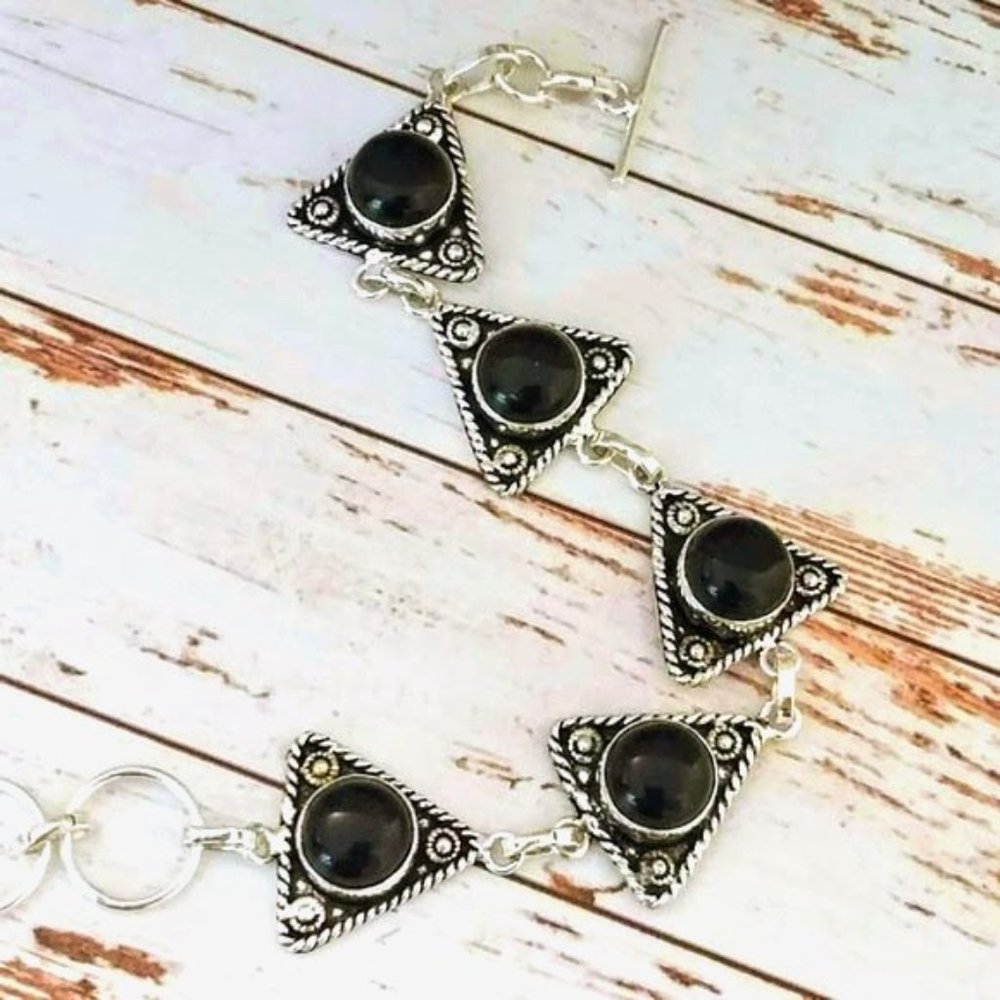 Black Onyx  Silver Geometric Bracelet
